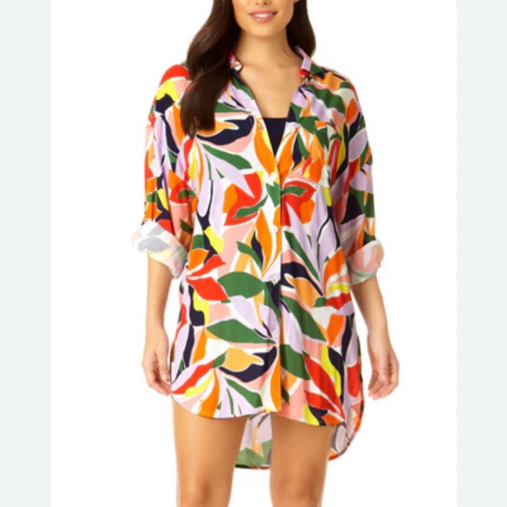 Anne Cole Boyfriend Button-Down Cover-Up Shirt Palm Part (Multicolor) XS/SM